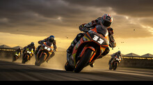The MotoGP riders racing in a tight pack, creating a thrilling spectacle as they navigate the circuit together 