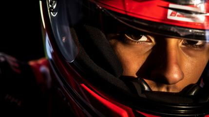 A close-up of a rider's intense focus behind their helmet visor, capturing the determination during a MotoGP race 