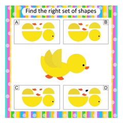 Logic puzzle for children. Find the correct set of cartoon duck. Answer is C.