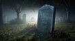 A lone, old unidentified gravestone stands in the moonlight against a backdrop of fog-shrouded tombs and shadowy trees