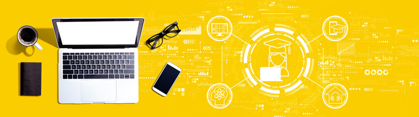 Poster - distance learning theme with a laptop computer on a desk