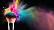 Brush with powder. Make up brush with colorful powder explosion on black background