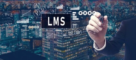 Poster - LMS - Learning Management System with businessman in a city at night