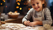 © Irina Sharnina - Happy funny little girl bake christmas cookies on cozy kitchen at home . Design ai