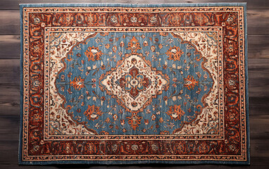 Wall Mural - Top view blue brown persian rug on wooden floor