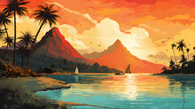 Vintage Illustration Of French Polynesia Tropical Islands With Palm Trees

