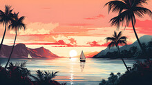 Vintage Illustration Of French Polynesia Tropical Islands With Palm Trees
