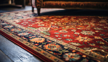 Wall Mural - Close-up part of a red Persian carpet on the floor