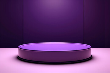 Poster - Centered on a pink table, a round purple podium stands out on stage, bathed in mesmerizing spotlights. This setup elegantly highlights the product under the captivating illumination.