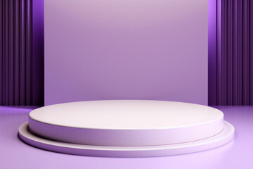 Poster - A white round podium is placed in the middle of a purple square wall background. The striking contrast between the clean and glossy podium creates an attractive presentation.
