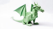 Beautiful Origami Green Dragon Isolated On White Background