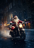 Fototapeta  - Santa Claus riding motorcycle in the night.