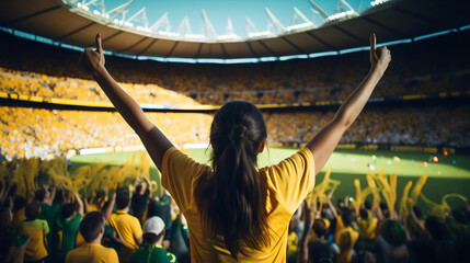 Wall Mural - back view of fans screaming supporting australian team at women's world cup in stadium wearing yellow and green