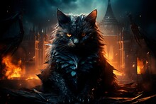 A Scary Black Cat In A Gothic Style On A Background Of Lights. Halloween Illustration. A Frightening Animal In A Gloomy Atmosphere