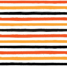 Hand Drawn Seamless Striped Pattern For Halloween Holiday Made With Black Yellow And Orange Colors. Childish Bright Brush Strokes. Vector Grunge Stripes