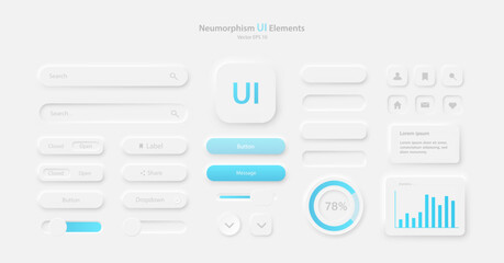 Fototapete - A collection of icons for user interface development in white and blue. A set of user interface elements for a mobile application. Buttons for mobile devices in the style of neumorphism, UI, UX
