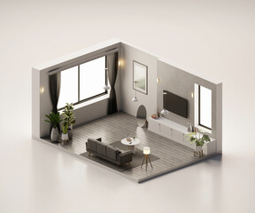 Poster - Isometric view living room minimal style open inside interior architecture 3d rendering digital art