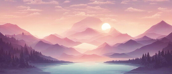 Aufkleber - Abstract background of dream mountain view with lake in foreground, beautiful peaceful lake landscape wallpaper with the light of sunrise on mountain. 3D rendering, illustration, digital art