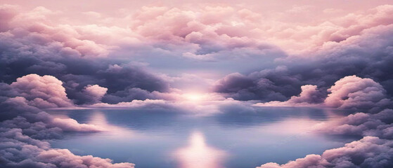 Aufkleber - Abstract background of nature in a dream. Large lake surrounded by clouds, peaceful clouds wallpaper in pink heaven cloud concept, fantasy sky, dream atmosphere, 3D rendering, illustration, digital