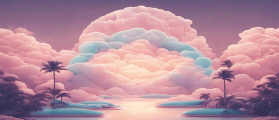 Aufkleber - Abstract background of nature in a dream. Yellow and pink clouds on the lake with sunlight evening. Pastel sky on the evening of vacation. 3D rendering, illustration, digital art