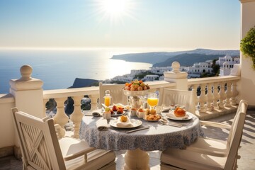 Delicious breakfast on the terrace of a luxury hotel or villa overlooking the sea or ocean. Vacation in a resort tourist country