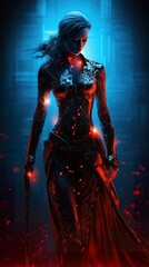 Poster - futuristic elegant woman in beautiful clothing, future cyberpunk concept, generative ai