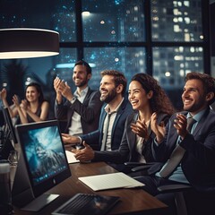 Wall Mural - Coworkers applauding after success fullfil complete presentation in office conference room casual business conversation modern interior office background,success business agreement concept,ai generate