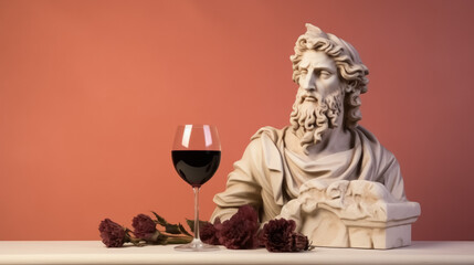 Wall Mural - Art sculpture of ancient Italian from marble with wine isolated on a pastel background with a copy space 