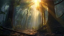 Mystical Forest With Towering Trees And Rays Of Sunlight Streaming Through The Canopy.
