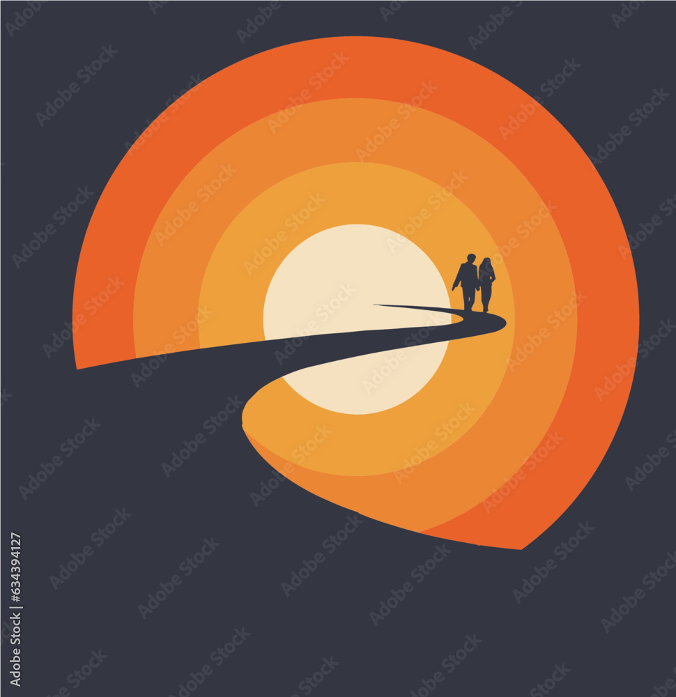 A man and woman couple stroll down a path into the graphic setting sun ...