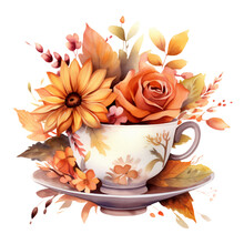Fall Autumn Watercolor Clip Art, Watercolor Flowers Teacup Illustration, Fall Autumn Sublimation Design, Flowers Teacup Clip Art