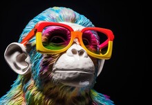 Close-up Of A Colorful Muzzle Of A Monkey With Sunglasses On Black Background. Painted Figurine Of Chimpanzee Made Of Ceramics, Plasticine, Plastic, Other Material. Can Be Printed On T-shirt, Etc.