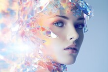 A Beautiful Woman Model In A Fantasy Headdress Made Of Transparent Fragments Of Plastic, Glass Or Crystal. Fashionable Surreal Portrait Of A Lady In A Futuristic Style. Illustration For Varied Design.