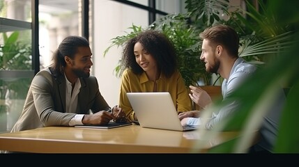 Wall Mural - casual business conversation concept group of multiethnic teamwork collegues positive discuss conversation with happiness clam and joyful together in office or cafe coffeeshop background, ai generate