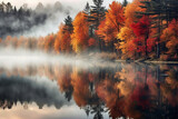 Fototapeta Las - Lake and a forest in a morning mist, autumn scenery with red leaves