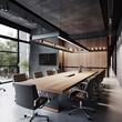 Beautiful interior comercial space modern corporate office working space design mockup template ideas of conference room in wooden material scheme decoration concept background,ai generate