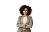 Business woman portrait isolated on white transparent background, Afro businesswoman in suit, crossed arms, PNG