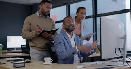 Business man, computer and group with mentor and digital research for web consultant job. Communication, manager and African professional with staff and advice on website management at office