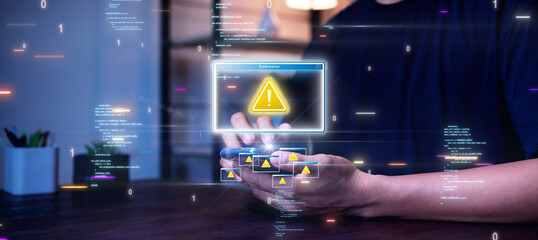 Aufkleber - Man using smartphone with online crime risk warning symbol sign. Accessing websites, clicking on unsafe text links is a threat to identity theft software.