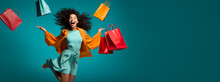 Joyful Happy Woman Shopping. Shopping Bags And Confetti On A Studio Background. Concept Of Shopping, Retail, Sale, Black Friday Or Cyber Monday.