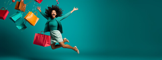 Wall Mural - Joyful happy Woman Shopping. Shopping bags and confetti on a studio background. Concept of Shopping, Retail, Sale, Black Friday or Cyber Monday.