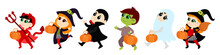 Set Of Little Cute Kids In Devil Costume, Zombie, Witch, Vampire And Ghost Walk With Baskets In Their Hands. Halloween Illustration In Cartoon Style Isolated On White Background.