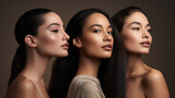 Beauty. Multi Ethnic Group of Womans with diffrent types of skin together against grey background. Created with Generative AI technology.