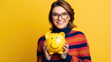 A happy Caucasian woman with glasses in a red and blue casual jumper holds a yellow piggy bank on a yellow background. Created with Generative AI technology.