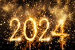 2024 sparklers with golden fireworks display with bokeh on a black background for Christmas and New Year