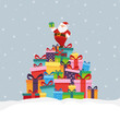 Geschenkkarte, Weihnachtsmann steht auf bunten Geschenken, Vektor