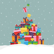 Bunte Geschenke gestapelt im Schnee, Weihnachtskarte, Vektor