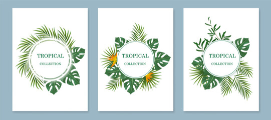 Vector banners with green tropical leaves. Exotic botanical suitable for posters, greeting cards, banners, or invitation