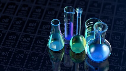 Wall Mural - glass chemistry lab equipment on black background. chemistry lab concept. 3d
