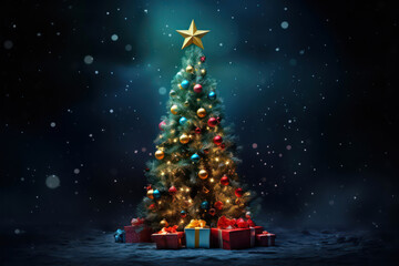 Poster - christmas tree with presents and lights at night